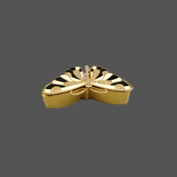KJL Butterfly Brooch and Trinket Box, Golden Tan Black Enamel & Crystals, Vtg - Picture 5 of 8